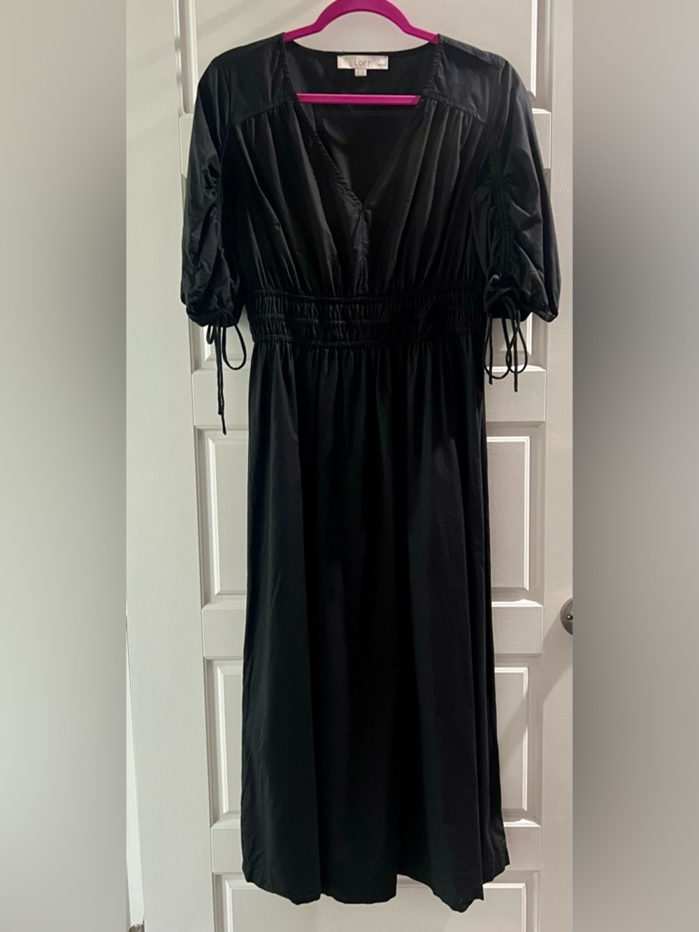 Loft Black V-Neck Midi Dress with Ruched Waist